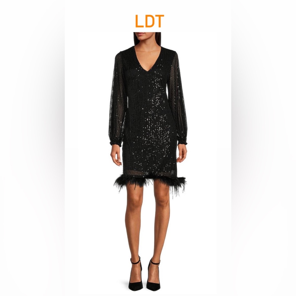 LDT
Kyla Novelty Feather Trim V-Neck Long Sleeve Sequin Sheath Dress Size 4